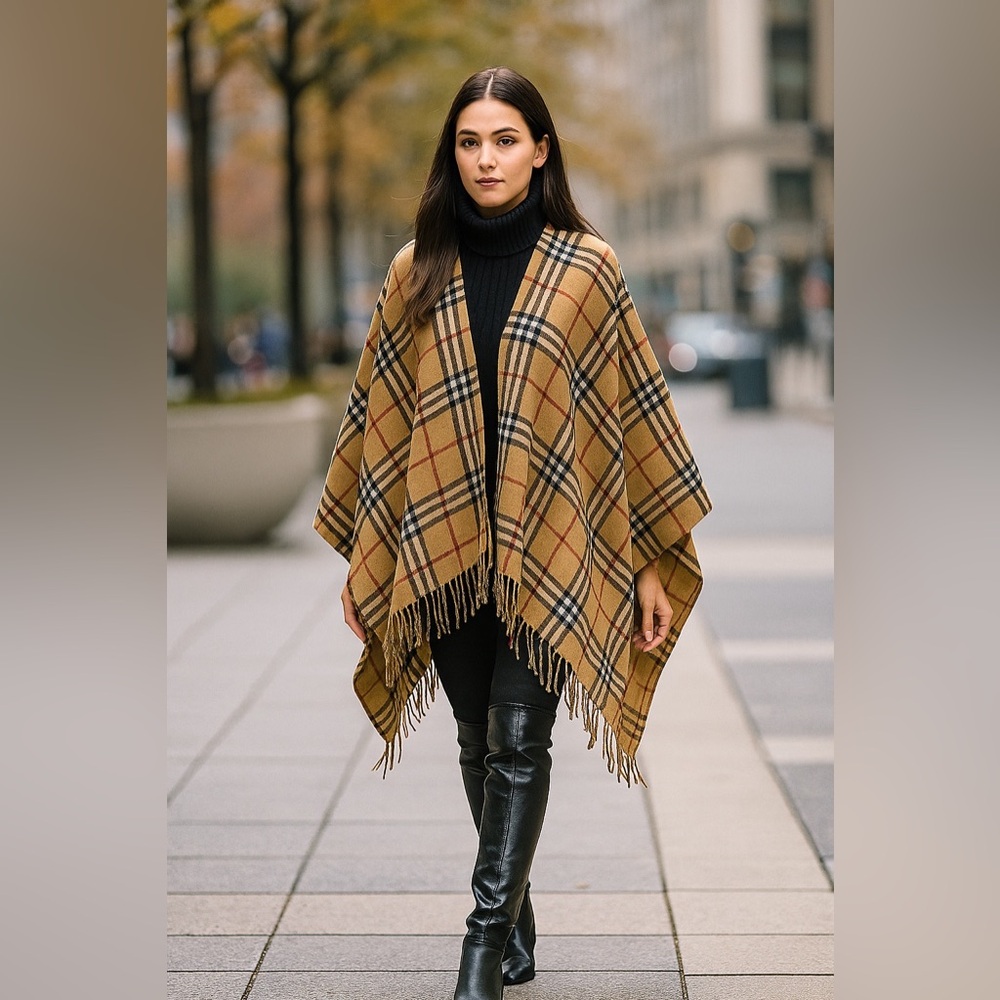 Women’s multicolor tartan‎ Plaid Fringe Shawl cardigan poncho boho costal OSF